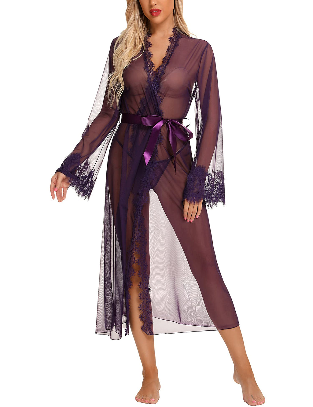 RSLOVE Lingerie for Women Sexy Long Lace Kimono Robe Mesh Chemise Lace Gown Swimsuit Cover Up