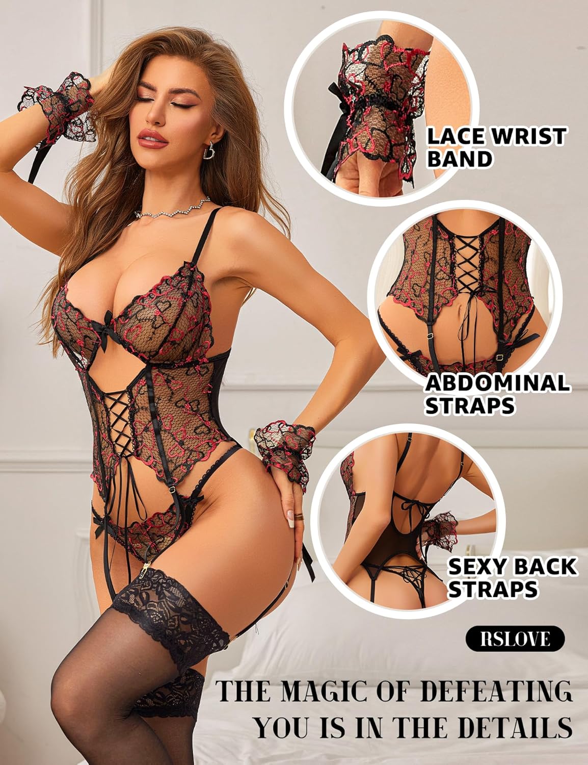 RSLOVE Women's Lingerie Garter Babydoll - Sexy 4 Piece Lingerie Set with Garter Lace Dress Nightwear